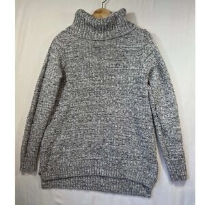 Marled Grey White Chunky Knit Turtleneck Sweater High Low Hem Basketweave L